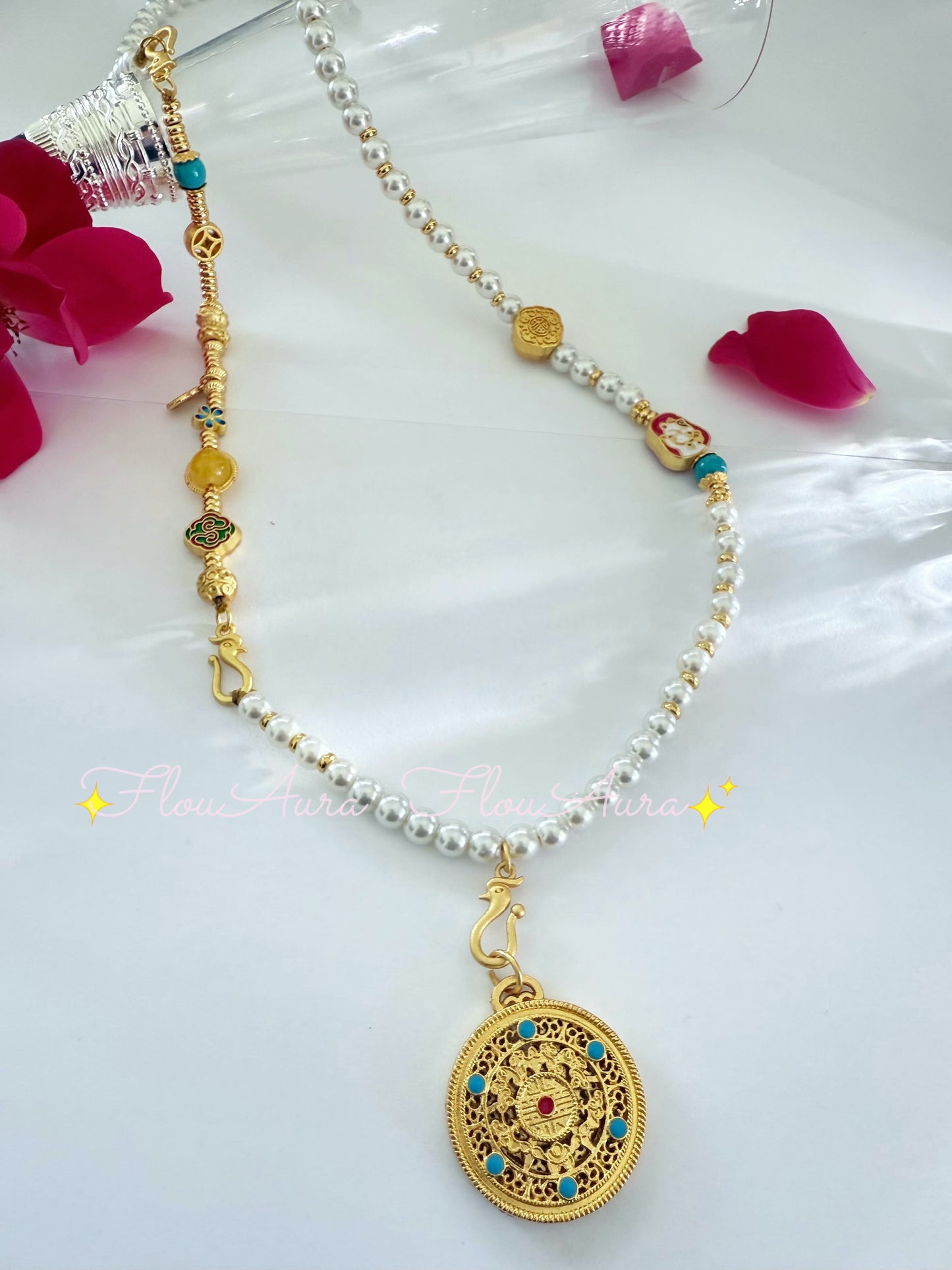 14K gold plated necklace with mother of pearl & sand gold pendant beaded necklace
