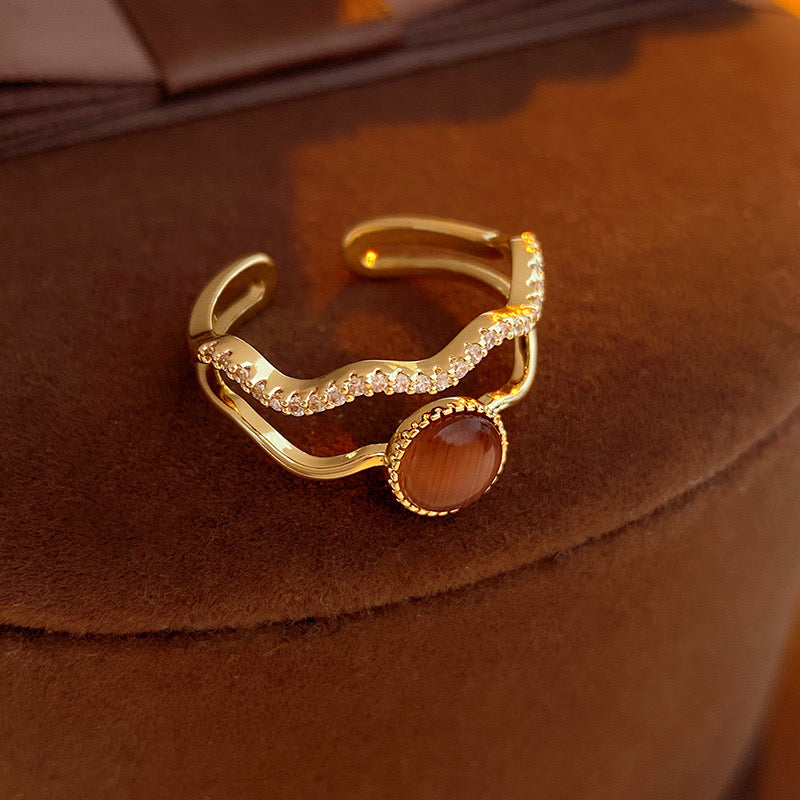 14K gold plated tone double layer ring with brown cat`s eye simulated diamond accentsopen