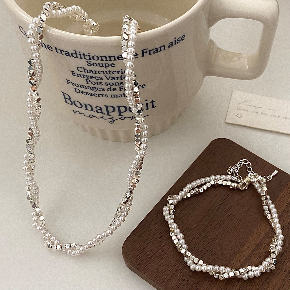 14K silver plated double twisted chain necklace /bracelet with simulated pearls