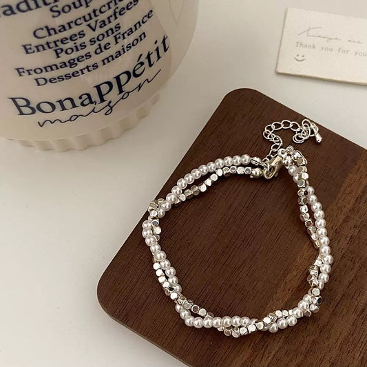 14K silver plated double twisted chain necklace /bracelet with simulated pearls