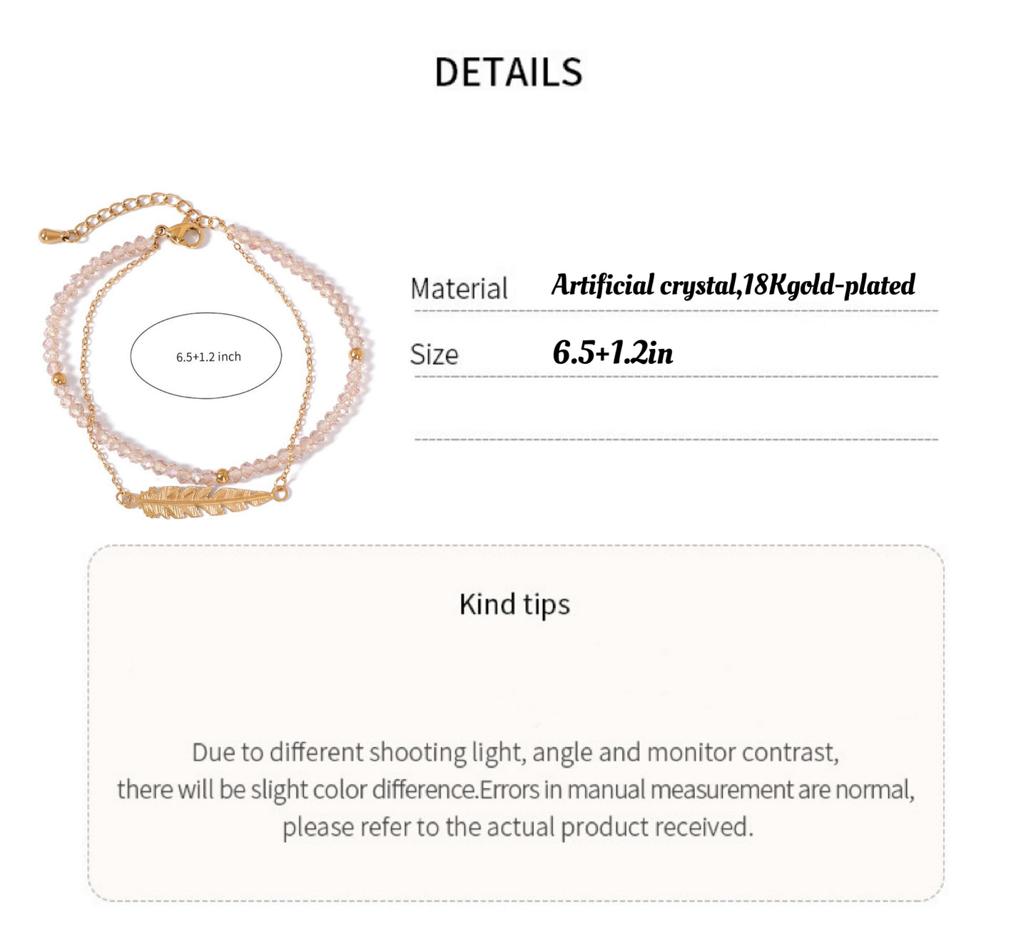 18K gold plated Synthetic Pink Crystal & Gold Leaf Fine Chain