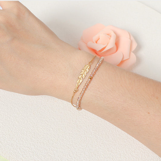 18K gold plated Synthetic Pink Crystal & Gold Leaf Fine Chain