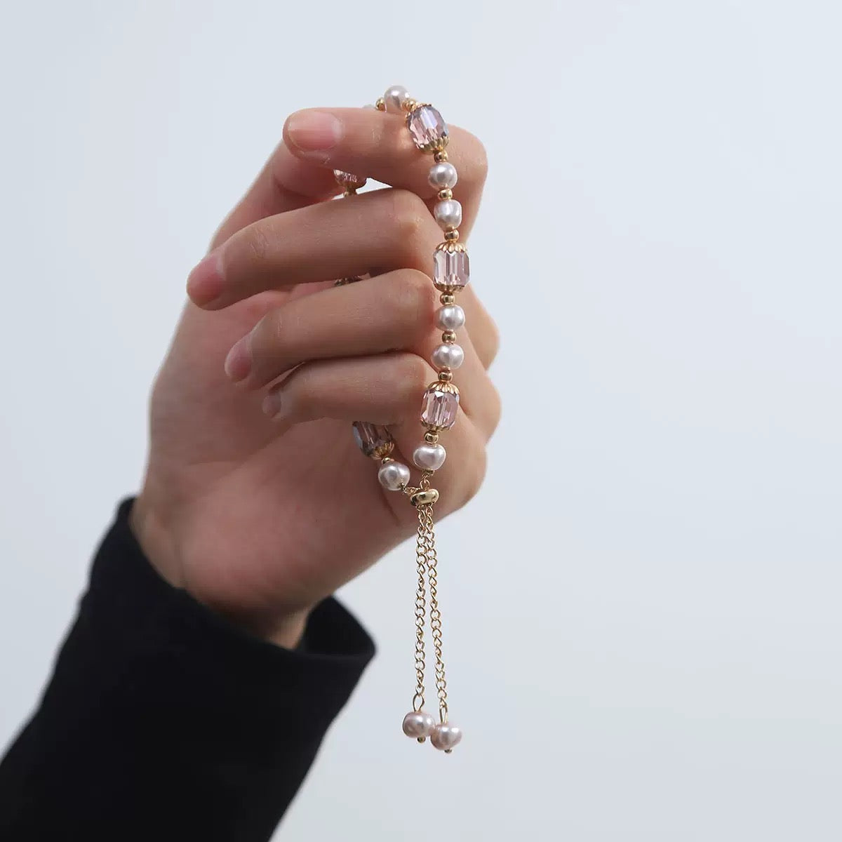 Pink crystal natural stone & pink freshwater pearl bracelet with 18K gold plating