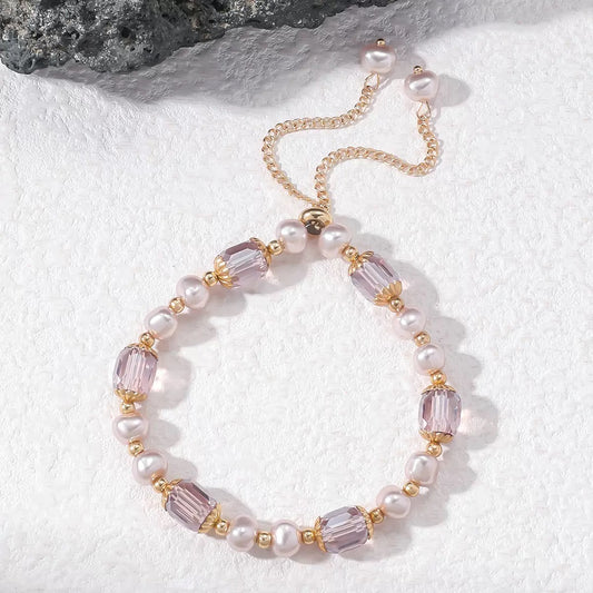 Pink crystal natural stone & pink freshwater pearl bracelet with 18K gold plating
