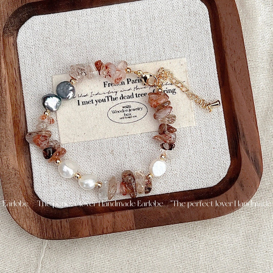 Brown Natural Stone &Fresher Pearl Bracelet 18K gold plated