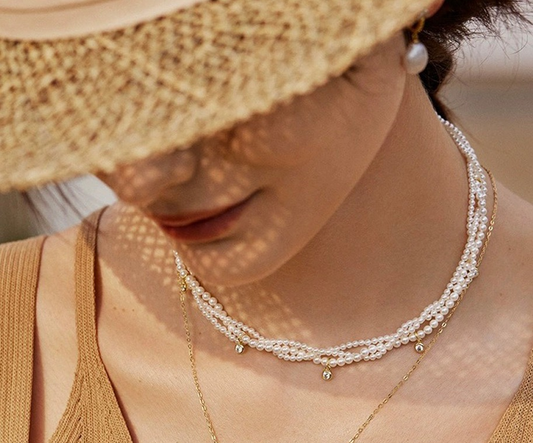 Elegant Layers- 14K silver plating Three-layered Simulated pearl Necklace with Simulated diamond round clasp and small pendant , french style