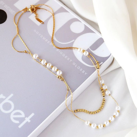 Minimalist Layered stacked Steel Necklace chain with beads with simulated pearls