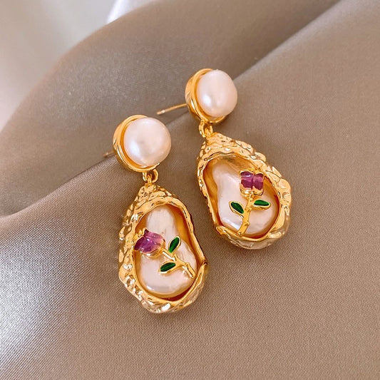 Monet Garden Baroque Element Pearl Earrings Oil Painting Style Retro Earrings