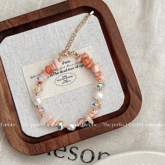 Pink Natural Stone & Fresher pearl Bracelet with 18K GOLD plated copper.