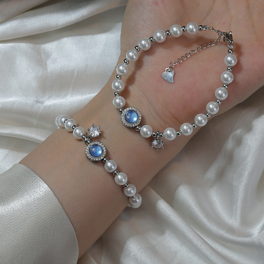 S925 Silver Plated simulated pearls Bracelet with blue cat`s eye stone