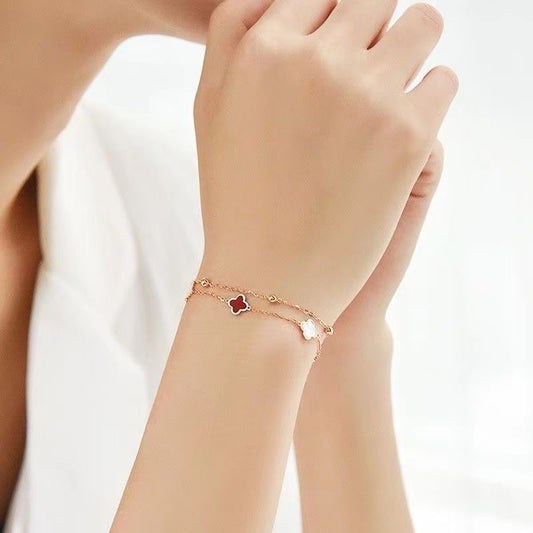 S925 silver layered two strand chain bracelet with red & white clover and mother of peal accents