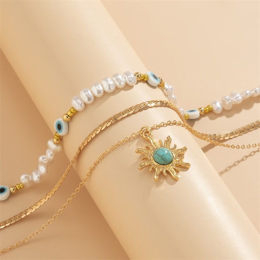Set of 3 layered flat chain and o-link chain with beads Delicate Necklace with Flower , Evil eyes & sun pendants
