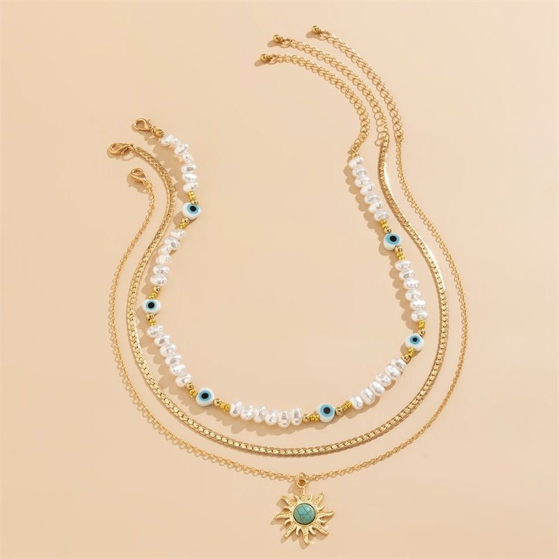 alloy Set of 3 layered flat chain and o-link chain with beads Delicate Necklace with Flower , Evil eyes & sun pendants