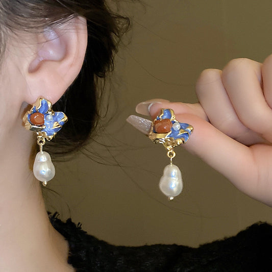 Women's Vintage Silver Earrings Medieval retro blue oil painting style irregular pearl high-grade earrings