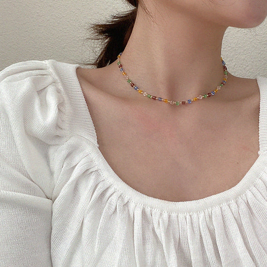 gold fine chain necklace with glass multicolor Beads