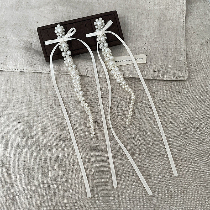 long Braided faux pearl earrings with white ribbon , y2K cool style