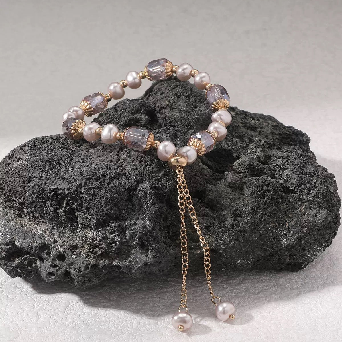 Pink crystal natural stone & pink freshwater pearl bracelet with 18K gold plating 