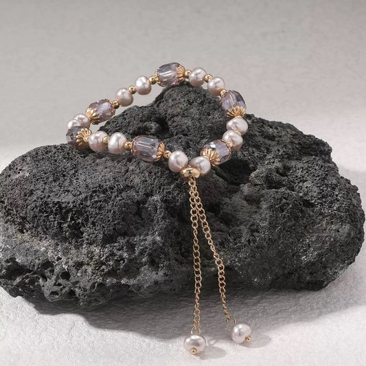 Pink crystal natural stone & pink freshwater pearl bracelet with 18K gold plating 