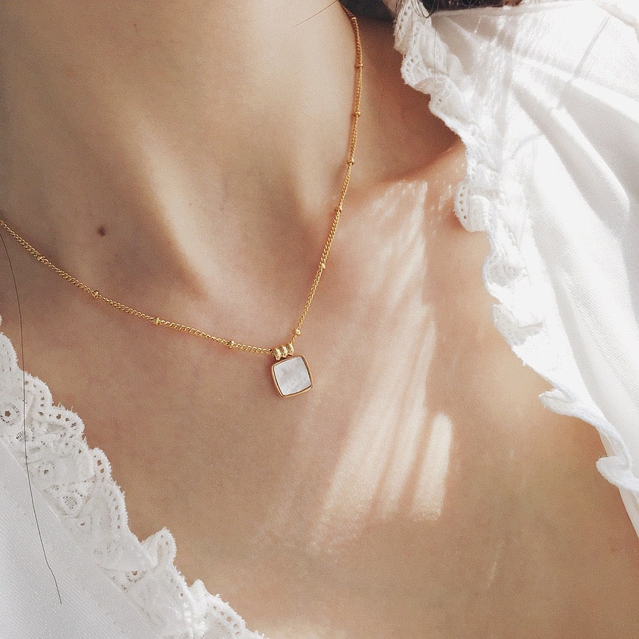 14K gold plated Fine chain with small steel beads and square mother of pearl pendant 