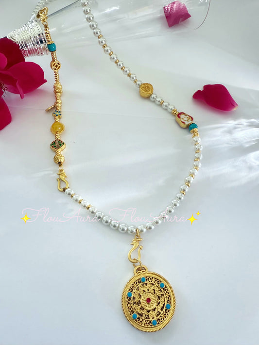 14K gold plated necklace with mother of  pearl & sand gold pendant  beaded necklace