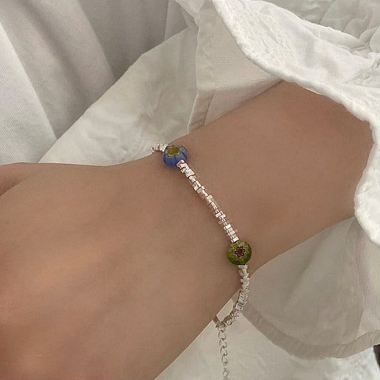 14K silver-plated Artistic Floral Multicolor Beaded Bracelet with random color beads