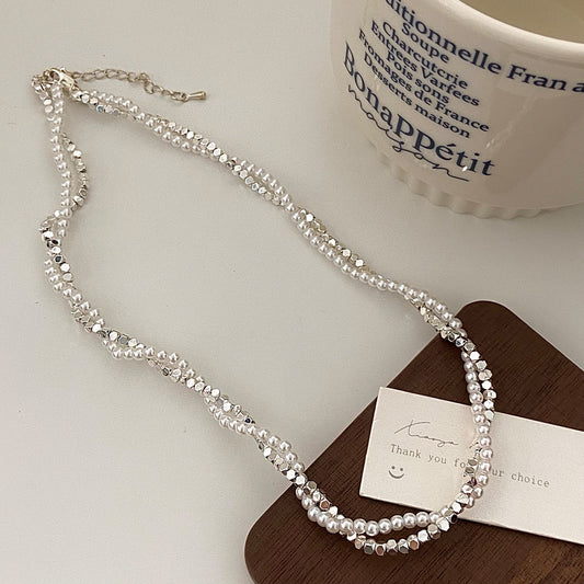 14K silver plated double strand   twisted chain necklace with simulated pearls