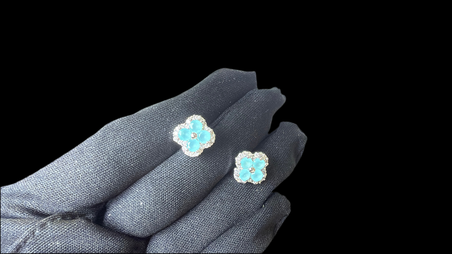 Four-Leaf Clover Sparkling Cat Eye Stud Earrings, 18K Gold Plated 925 Sterling Silver, Hypoallergenic