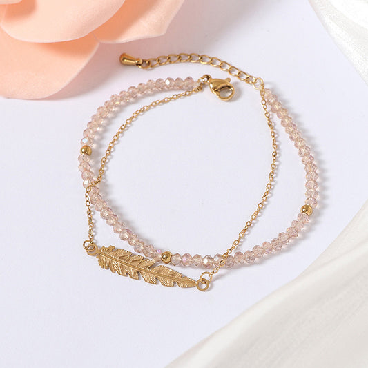  18K gold plated Synthetic Pink Crystal & Gold Leaf Fine Chain 