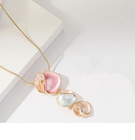 18KGold-Plated Copper18K gold plated snake chain necklace with long floral oil painting pendant