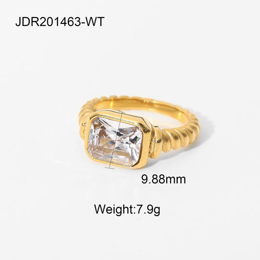 18K gold plated thick textured ring with black or white square glass crystal 