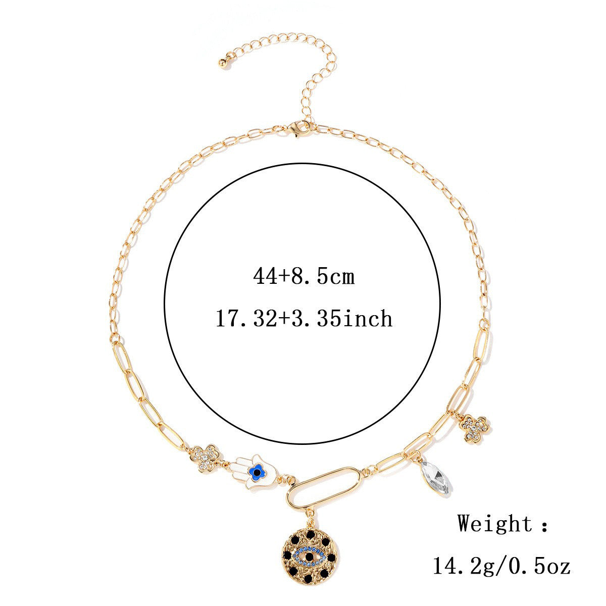 18Kgold plated geometric chain necklace with simulated diamonds and evil eye pendant