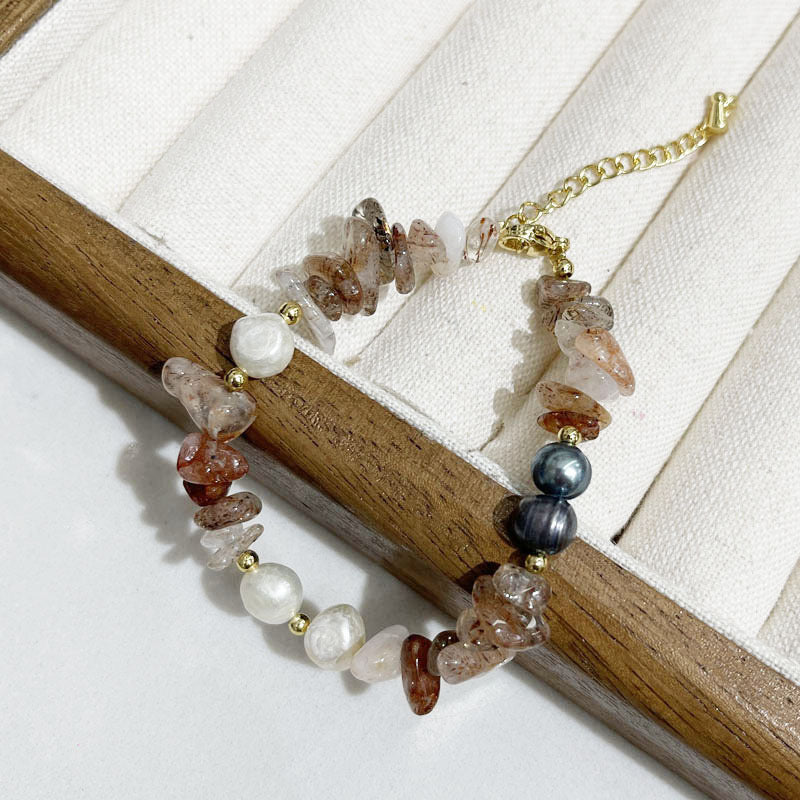 Brown Natural Stone &Fresher Pearl Bracelet 18K gold plated