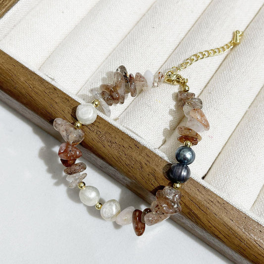 Brown Natural Stone &Fresher Pearl Bracelet 18K gold plated
