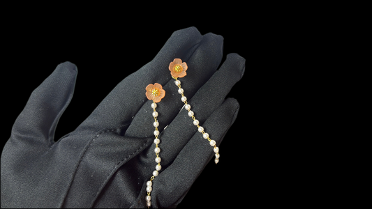 Pink sakura pearl tassel long drop earrings, 18K gold plated, 