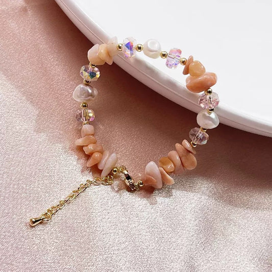 Pink Natural Stone & Fresher pearl Bracelet with 18K GOLD plated copper.