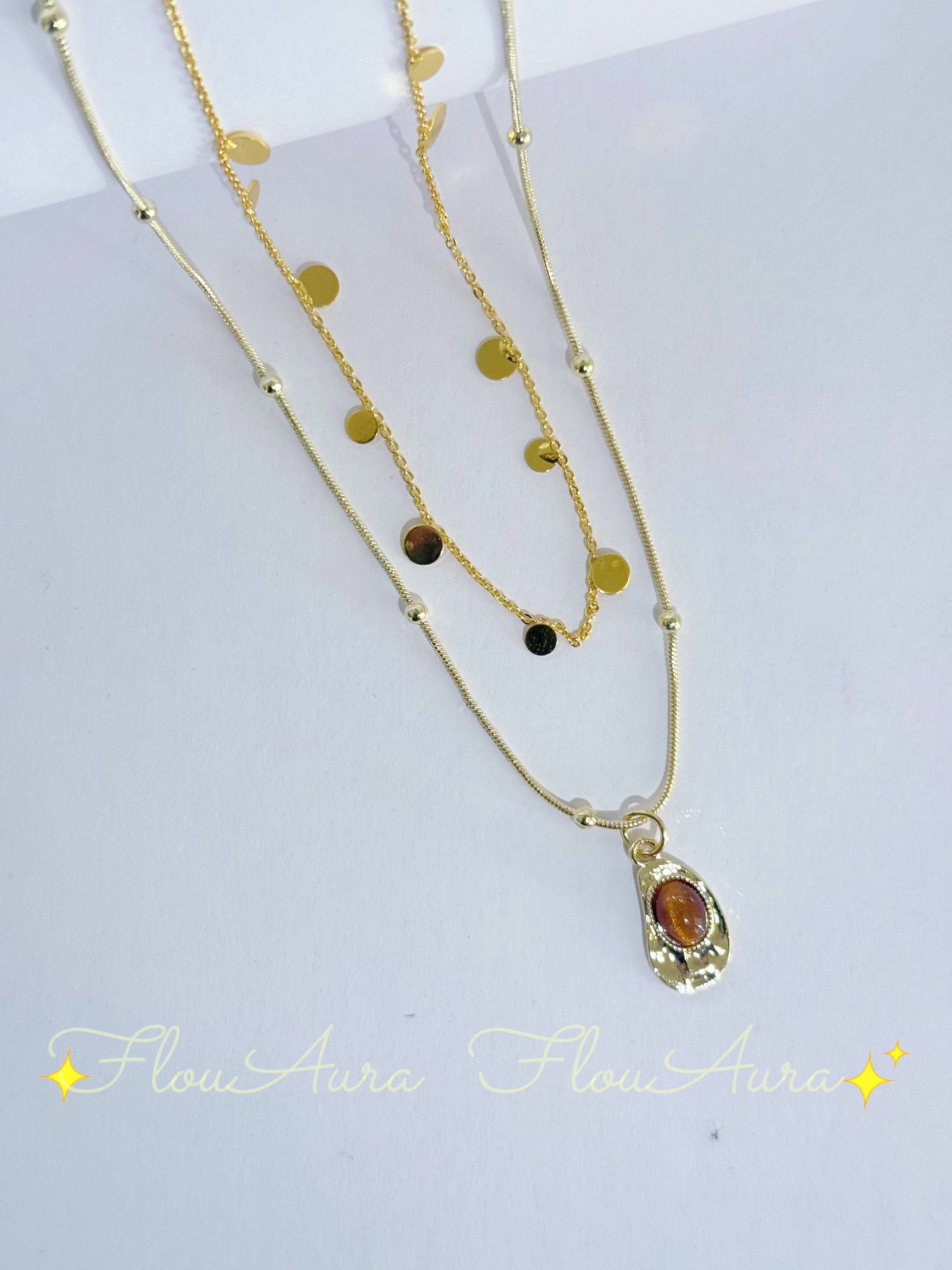 stacked layered snake chain with o-link chain  Necklace set with Brown Cat EYE Stone Pendant