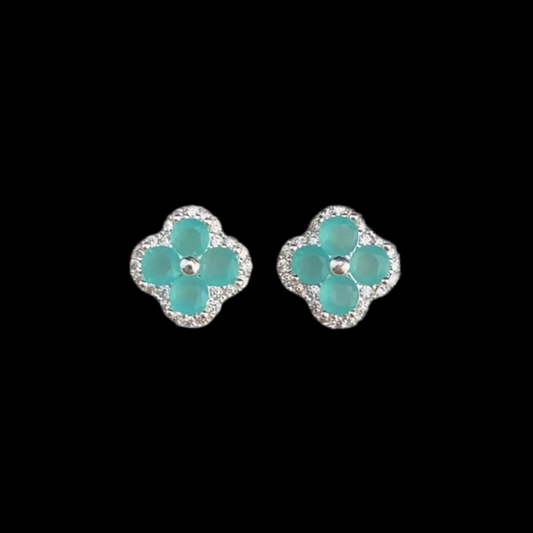 Four-Leaf Clover Sparkling Cat Eye Stud Earrings, 18K Gold Plated 925 Sterling Silver, Hypoallergenic