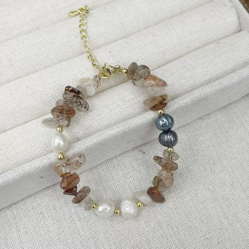 Brown Natural Stone &Fresher Pearl Bracelet 18K gold plated