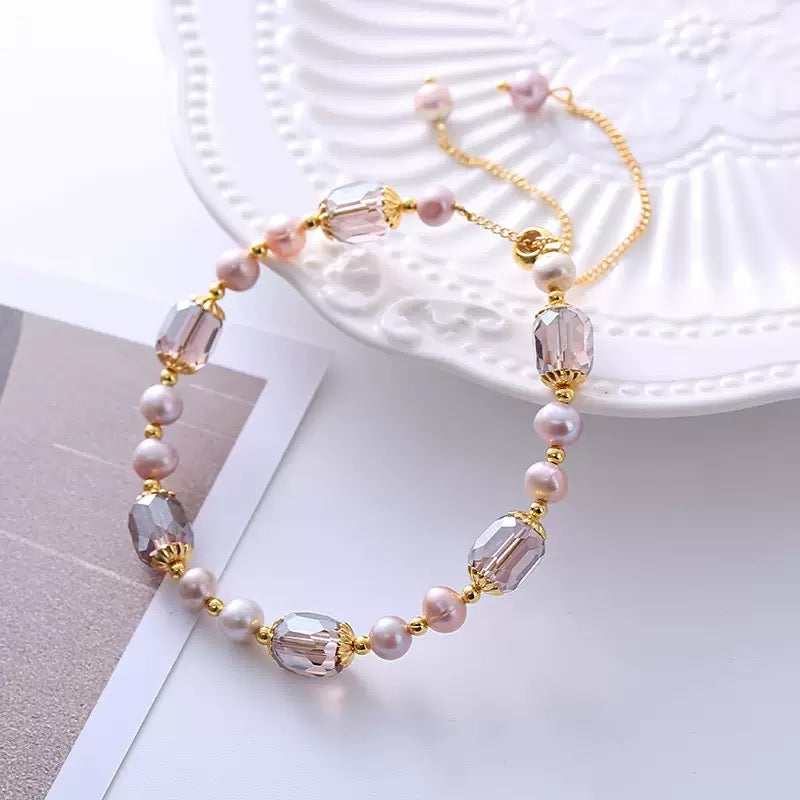Pink crystal natural stone & pink freshwater pearl bracelet with 18K gold plating 