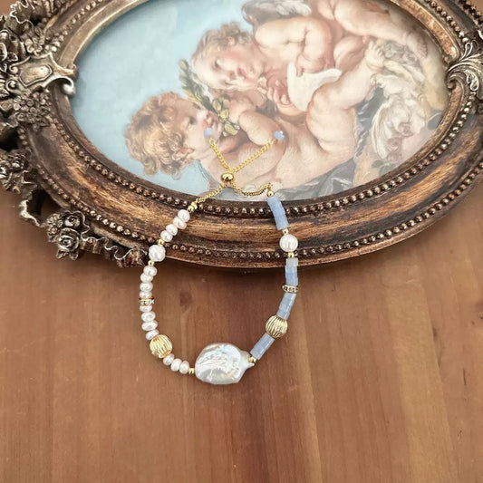  Freshwater Pearl &Blue Natural Stone Baroque Bracelet 
