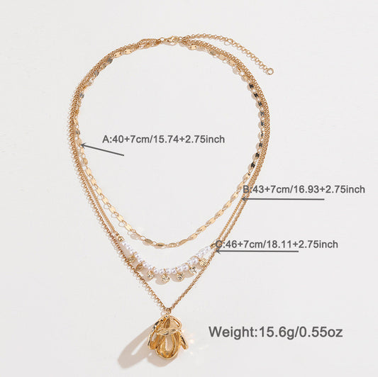 Women's Crystal Geometric Flower Pendant Pearl Necklace Three-Layer Necklace