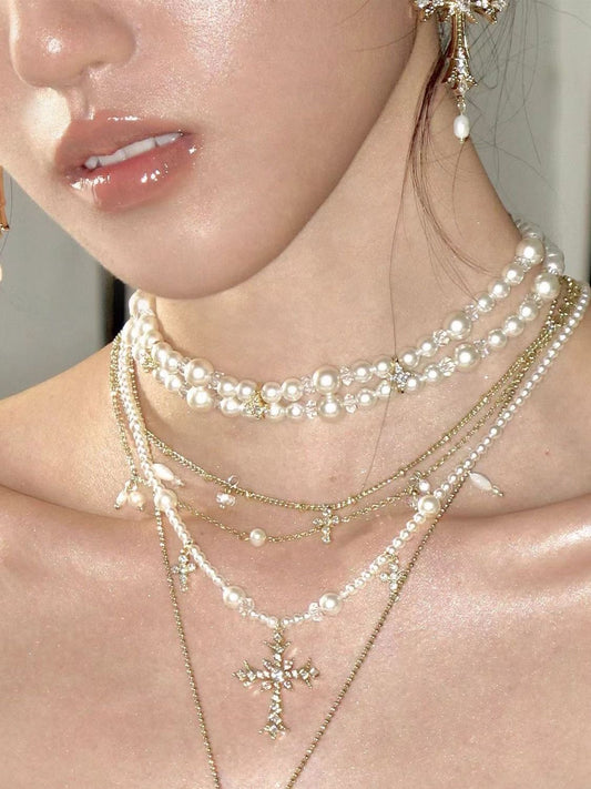  Layered stacked Pearl chain  Necklace with Cross Pendant
