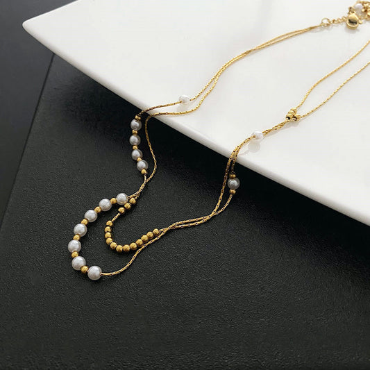 Minimalist Layered stacked Steel Necklace  chain with beads with simulated pearls 