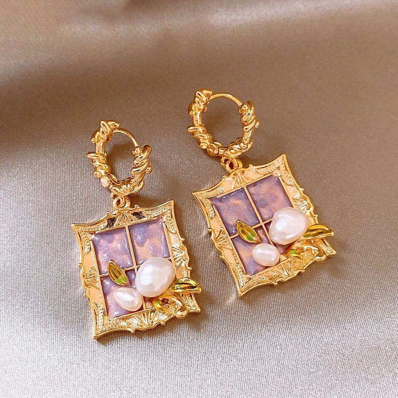 Monet Garden Baroque Element Pearl Earrings Oil Painting Style Retro Earrings