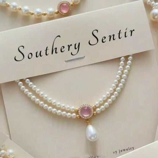Women's spring and summer double-layer pearl cat's eye stone temperament elegant small fresh ins necklace girlfriends gift with pearl pendant