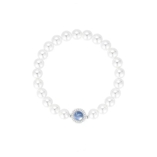 PEARL GLOW- SIMULATED PEARL BRACELET WITH BLUE CAT`S STONE 