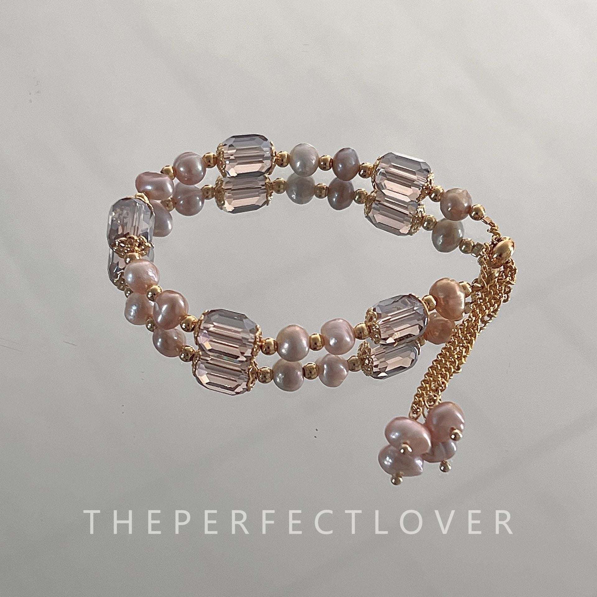 Pink crystal natural stone & pink freshwater pearl bracelet with 18K gold plating 