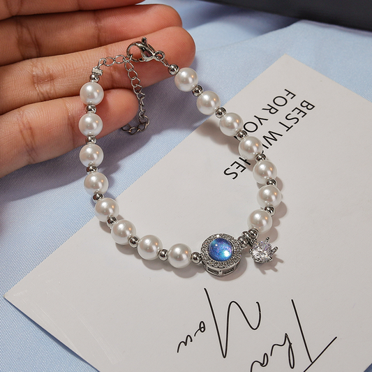 S925 Silver Plated simulated pearls Bracelet with blue  cat`s eye stone
