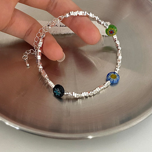14K silver-plated Artistic Floral Multicolor Beaded Bracelet with random color beads