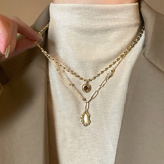 Set 2 piece Beaded and Mixed Link layered necklace with cat`s eye pendant